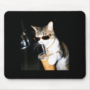 Tapis De Souris Chat Drôle Boit du Café Glacé Humour Mème Chatons