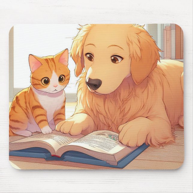 Tapis De Souris Chat et chien lisant un livre (Devant)