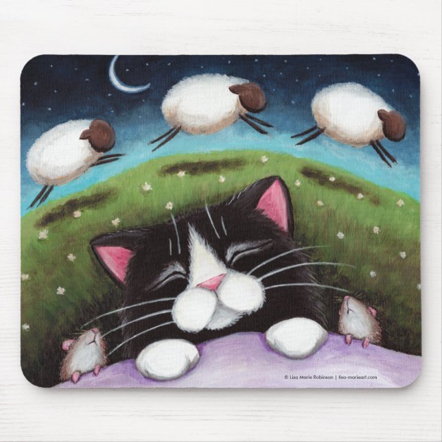 Tapis De Souris Chat et souris de sommeil rêvant des moutons (Devant)