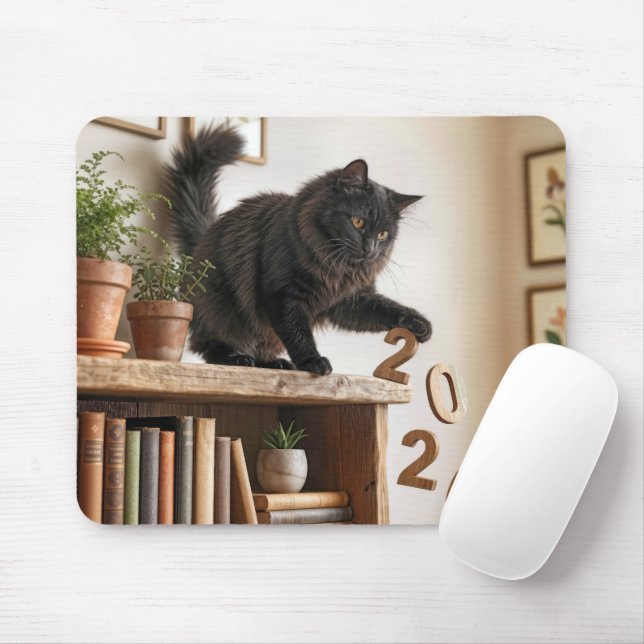 Tapis De Souris Chat faisant tomber l'année 2026 de la bibliothèqu (Avec souris)