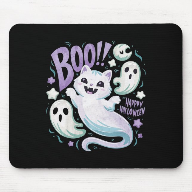 Tapis De Souris Chat fantôme Boo Kitty Halloween (Devant)