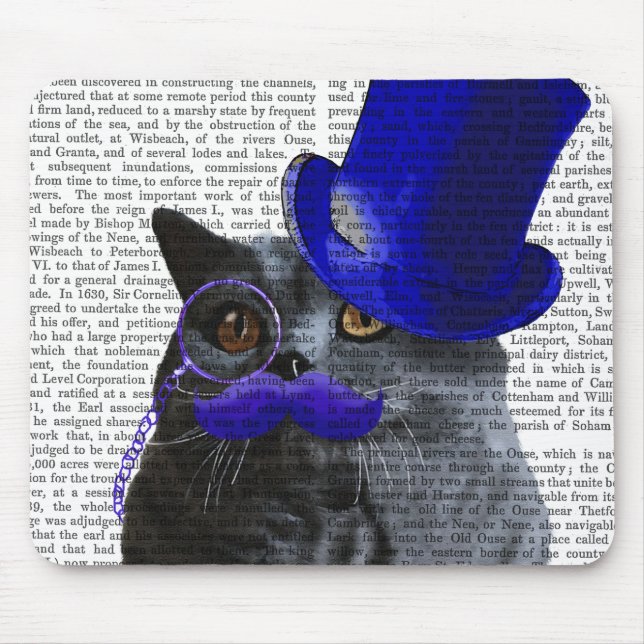Tapis De Souris Chat gris avec chapeau bleu et moustache bleue (Devant)