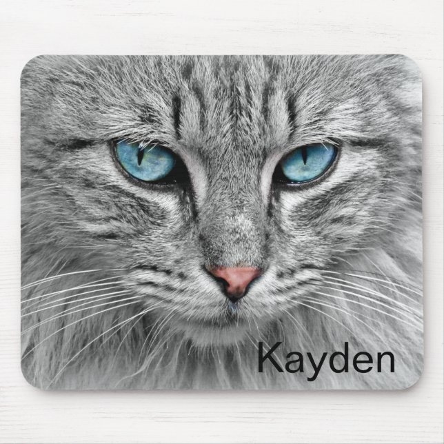 Tapis De Souris Chat gris personnalisé avec des yeux bleus (Devant)
