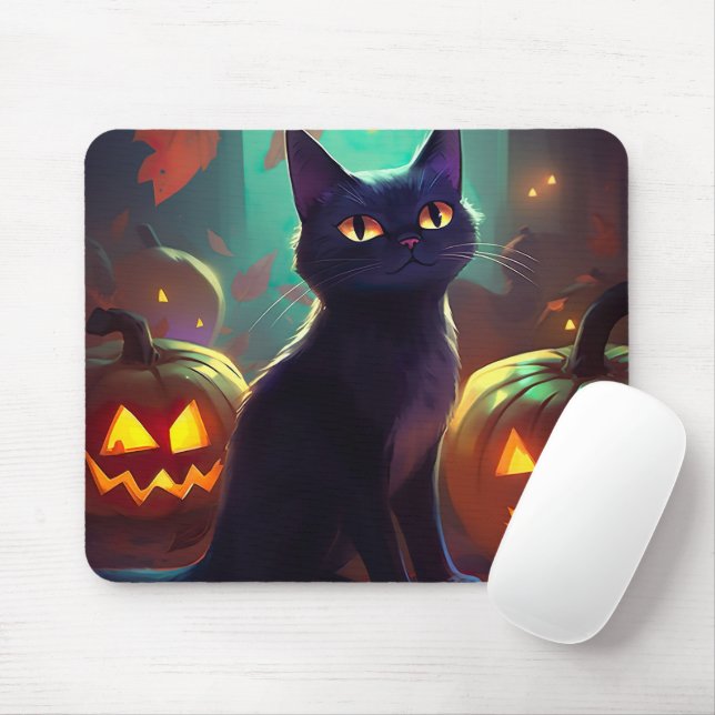 Tapis De Souris Chat Halloween Tuxedo Avec Peur Citrouille (Avec souris)