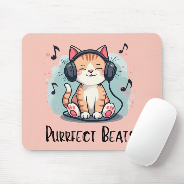 Tapis De Souris Chat mignon avec casque Kawaii Music Lover Art (Avec souris)