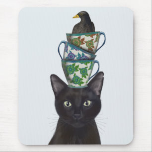 Tapis De Souris Chat noir avec Teacups et Blackbird