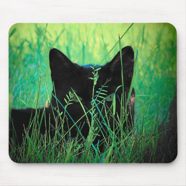 Tapis De Souris Chat noir dans l'herbe (Devant)