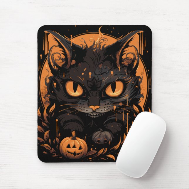 Tapis De Souris Chat noir d'Halloween avec Citrouilles et lune (Avec souris)