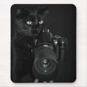 Tapis De Souris Chat noir drôle avec l'appareil photo