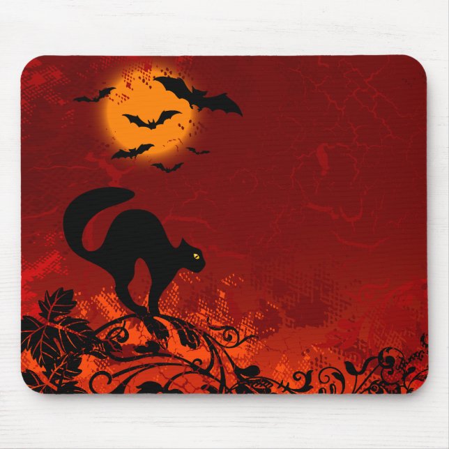 Tapis De Souris Chat noir et battes de Halloween (Devant)