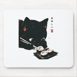 Tapis De Souris Chat noir manger Sushi - Chat Art Japonais