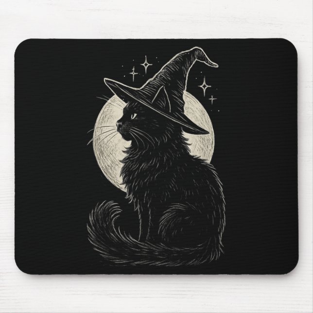 Tapis De Souris Chat noir mignon sorcière Casquette Lune Retro Coq (Devant)
