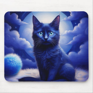 Tapis De Souris Chat Noir Posant Devant La Lune Et Les Nuages Blan