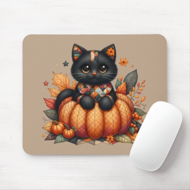 Tapis De Souris Chat noir sur Citrouille avec Motif de courtepoint (Avec souris)