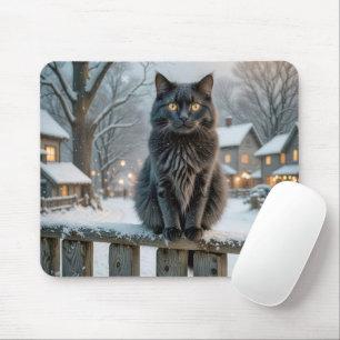 Tapis De Souris Chat noir sur une clôture enneigée