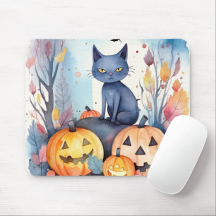 Tapis De Souris Chat Oriental Bleu d'Halloween avec des Citrouille