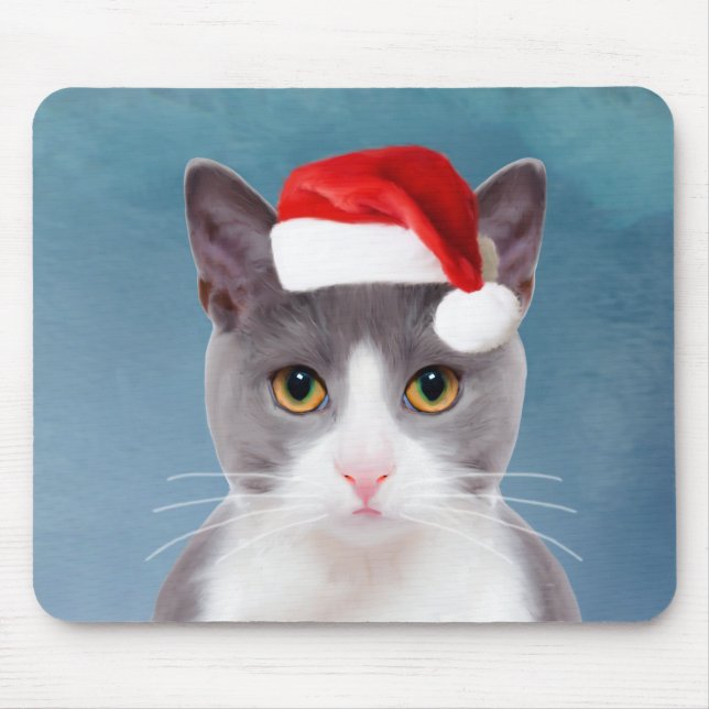 Tapis De Souris Chat portant le Santa Hat Portrait de Noël (Devant)