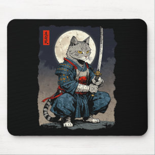Tapis De Souris Chat Samurai Japonais Retro Chat Fighter Moon Ukiy