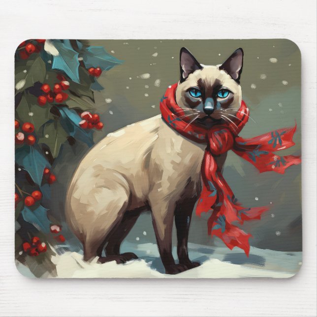 Tapis De Souris Chat siamois à Noël de neige (Devant)