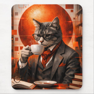 Tapis de souris Chat Sophistiqué Buvant du Café