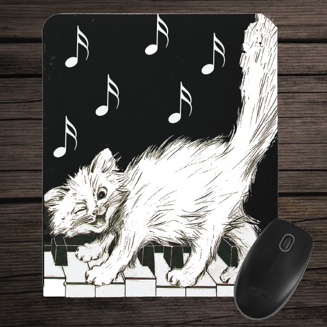 Tapis De Souris Chat sur les clés de piano (Winking white cat on piano keys white music notes on black mousepad.)