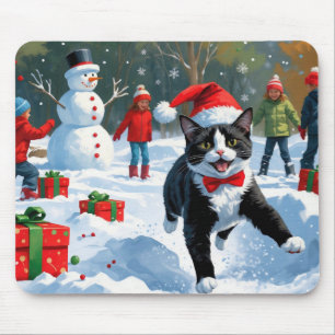 Tapis De Souris Chat Tuxedo Courant dans la Neige avec un Chapeau 