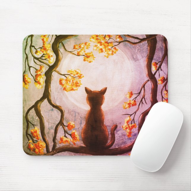 Tapis De Souris Chat Whimsical dans la Pleine lune d'arbre (Avec souris)