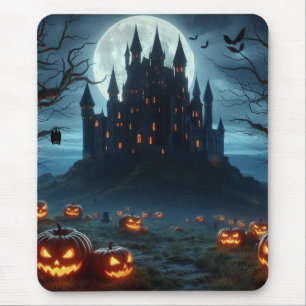 Tapis De Souris Château médiéval sombre, chauves-souris et citroui