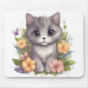Tapis De Souris Chaton gris doux avec fleurs Kawaii Chibi