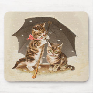 Tapis De Souris Chatons vintage sous un parapluie, art antique de