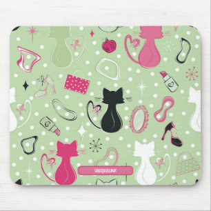 Tapis De Souris Chats à coeur vert du milieu du siècle