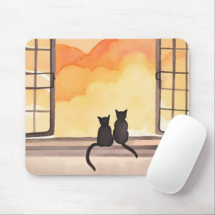 Tapis De Souris Chats dans la fenêtre   Silhouette de l'aquarelle 