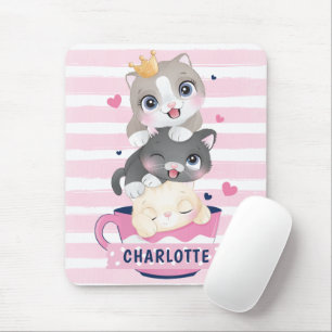 Tapis De Souris Chats de dessin animé mignons empilés rayures rose