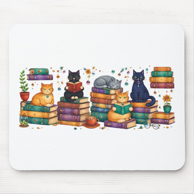 Tapis De Souris Chats lisant des livres Scène de bibliothèque cosy (Devant)