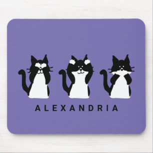 Tapis De Souris Chats noirs et blancs   Trois sages chatons violet