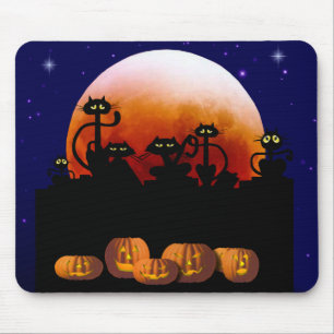 Tapis De Souris Chats noirs, lune, citrouilles Mousepad