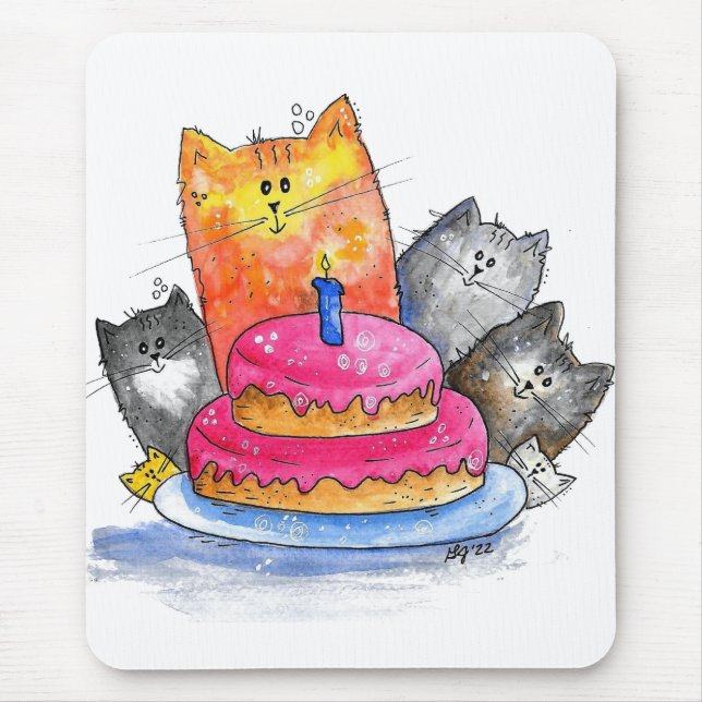 Tapis De Souris Chats Whimsical avec gâteau d'anniversaire (Devant)