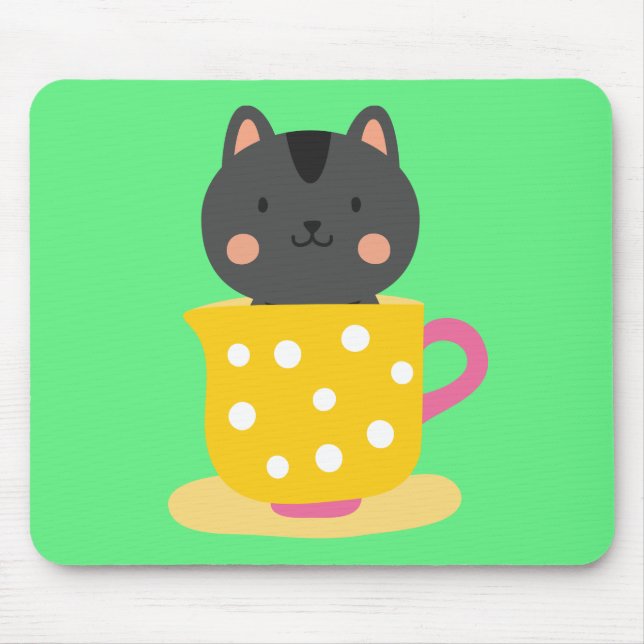 Tapis De Souris Chatte mignonne en dessin animé sur la menthe (Devant)