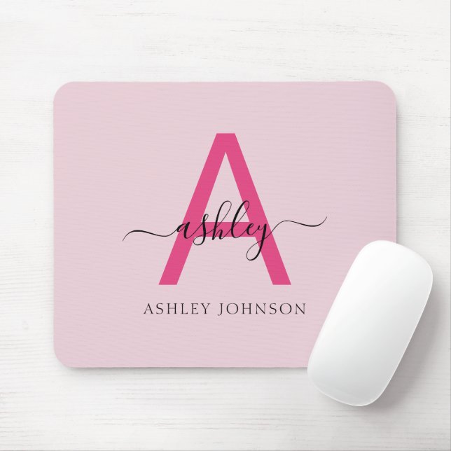 Tapis De Souris Chaud rose moderne Script Girl Monogramme Nom (Avec souris)