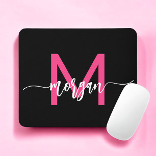 Tapis De Souris Chaud rose noir moderne Script Girl Monogramme Nom