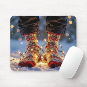 Tapis De Souris Chaussettes de Noël et lumières de fête dans la ne