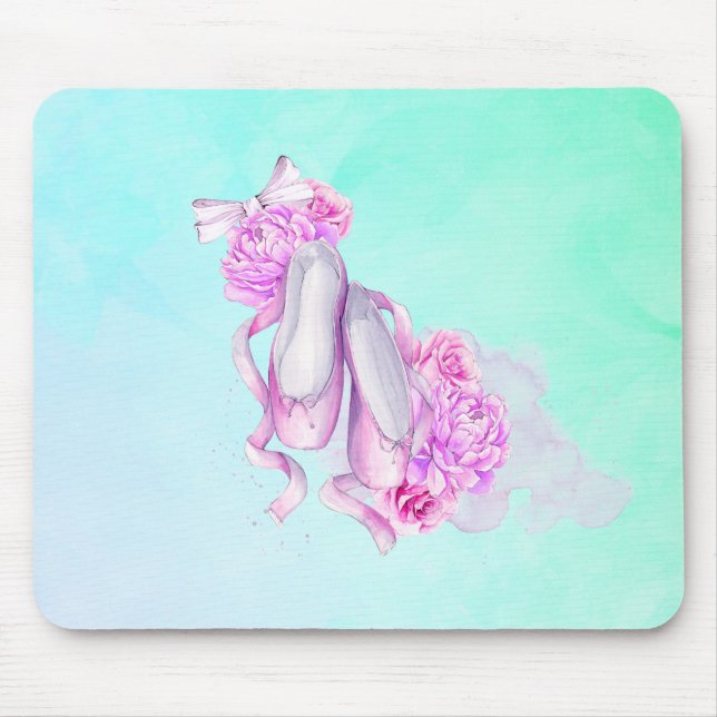 Tapis De Souris Chaussures de ballet en aquarelle rose avec des pi (Devant)