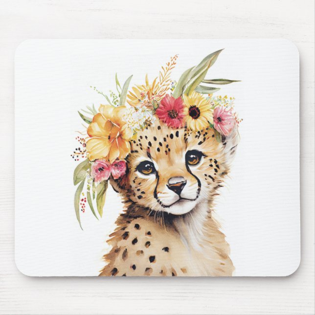 Tapis De Souris Cheetah Flower Crown Art Aquarelle Safari Wild (Devant)