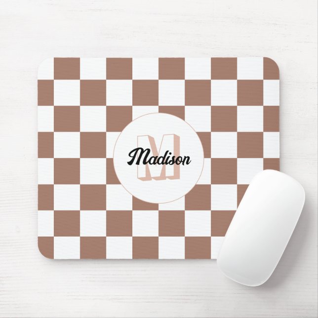 Tapis De Souris Chèque carré mocha brun blanc rétro Monogramme (Avec souris)