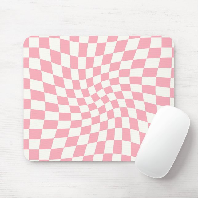 Tapis De Souris Chèques Retro Pastel Pink Bébé en damier Warped (Avec souris)