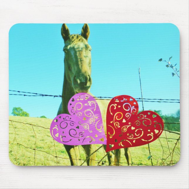 Tapis De Souris Cheval blond et Coeurs rose et rouge (Devant)