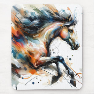 Tapis De Souris Cheval courant à l'aquarelle abstraite