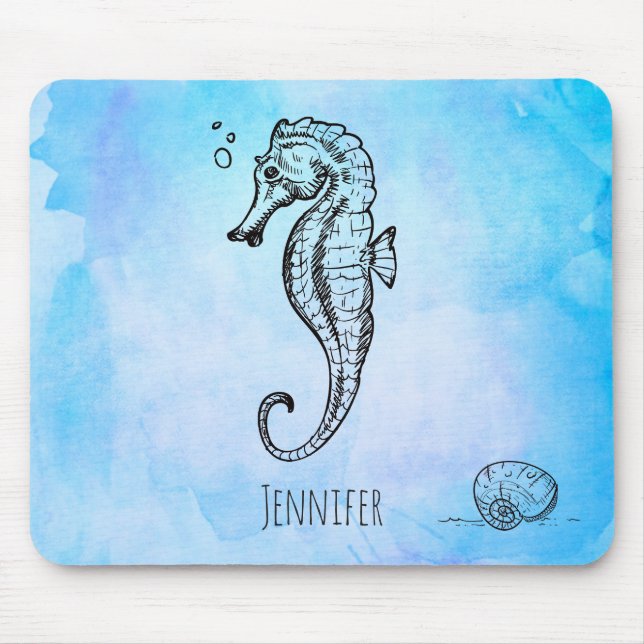 Tapis De Souris Cheval de mer et coquillage sur l'aquarelle bleue  (Devant)