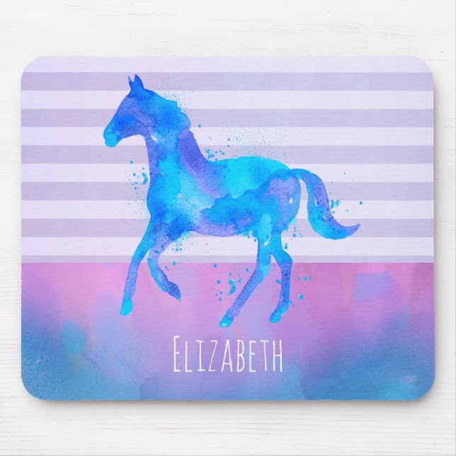 Tapis De Souris Cheval en Aquarelle bleu et violet Personnalisé (Devant)