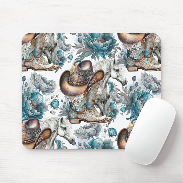 Tapis De Souris Cheval fille cowgirl motif floral turquoise (Avec souris)